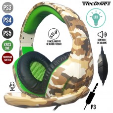 Headset Gamer P3 Multiplataforma Cancelamento de Ruído com Microfone e LED Deserto Camuflado TecDrive PX-5 - Verde